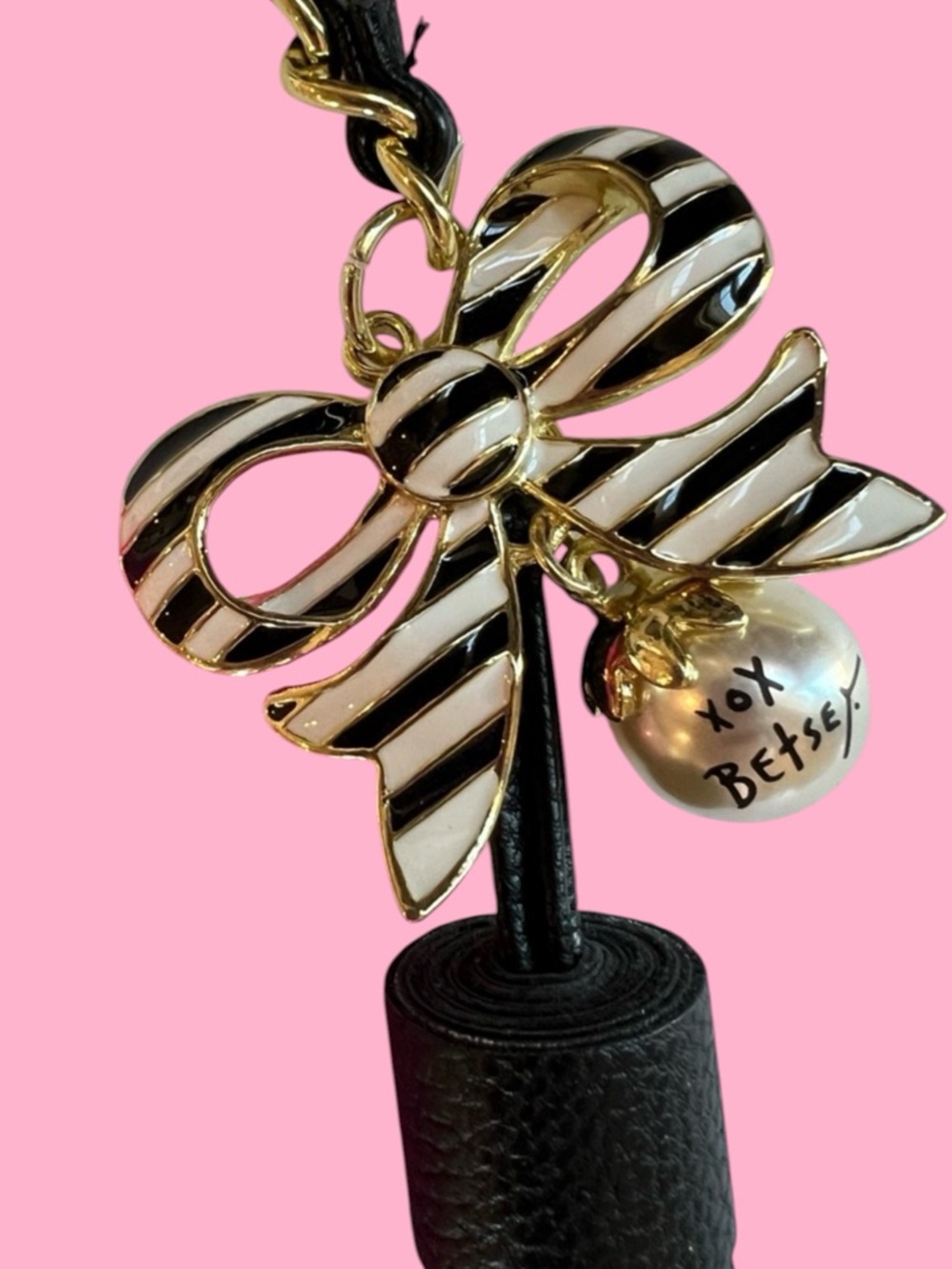NWT Betsey Johnson Purse Charm Tassel Striped Black & White Bow Goldtone